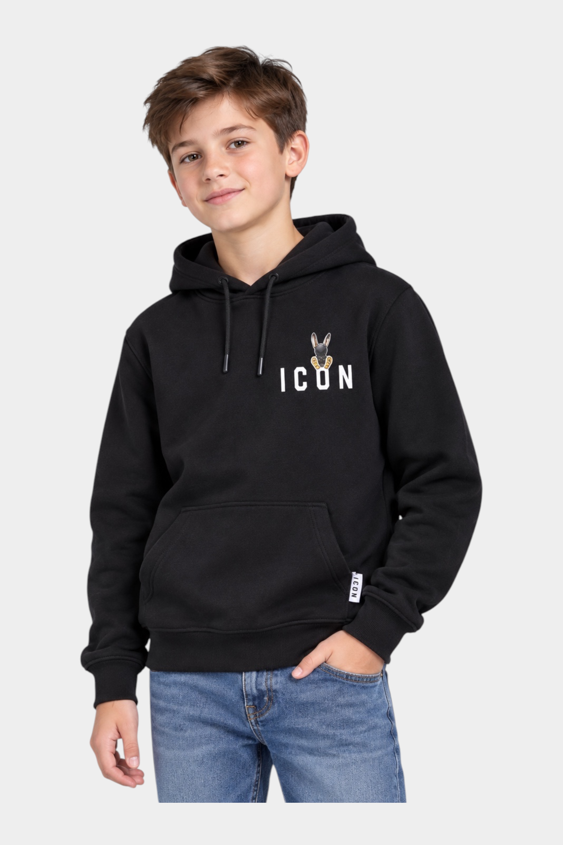 Felpa con cappuccio nera Follower SRL per bambino con logo ICON e grafica di coniglio sul petto