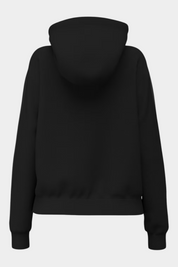 Felpa con cappuccio nera da donna GUESS vista posteriore, design minimalista con zip integrale Follower SRL