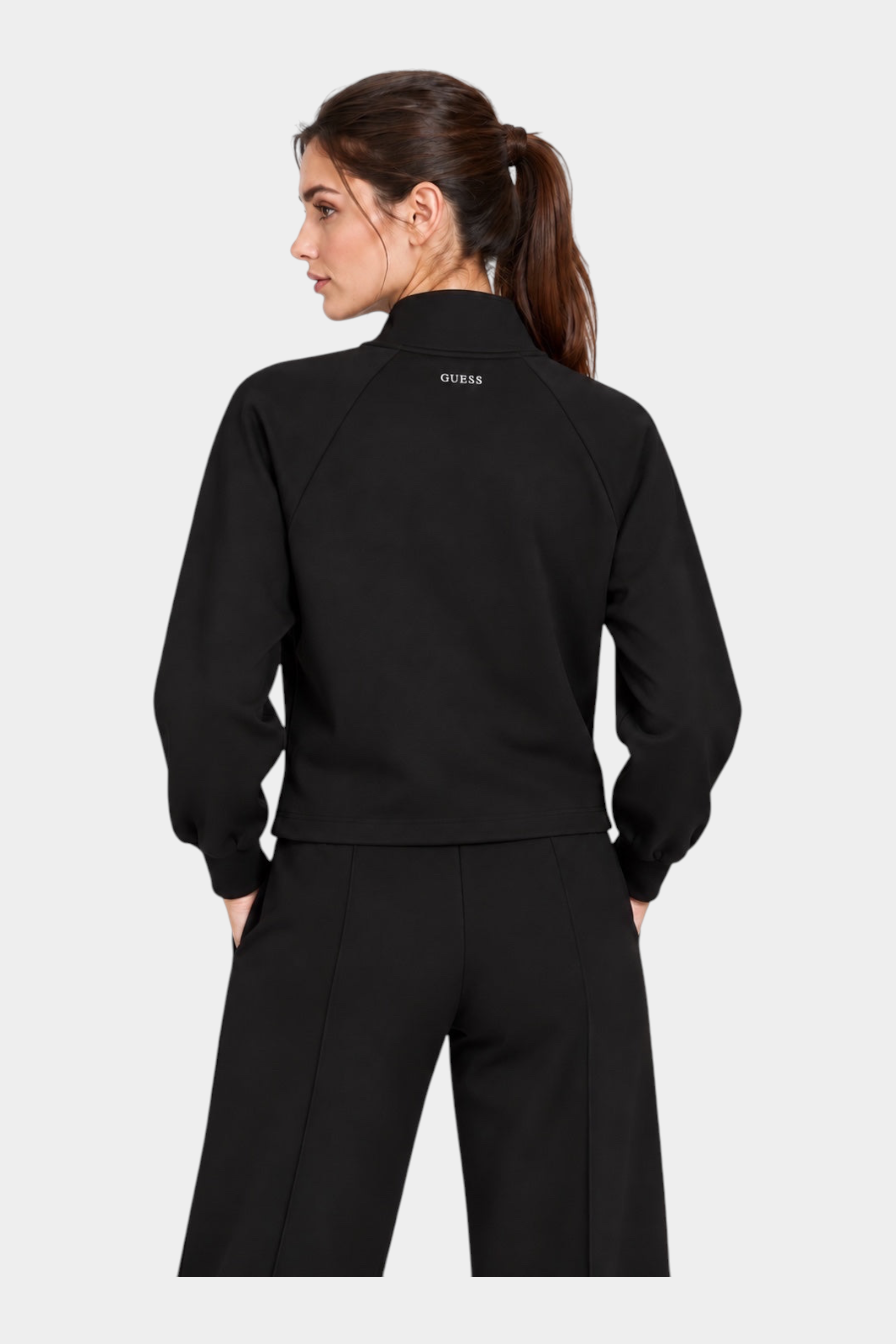 Felpa full zip nera da donna Follower SRL con logo GUESS sul retro e maniche a sbuffo