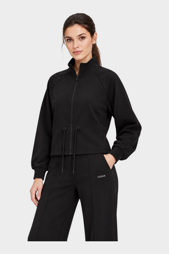 Modella indossa felpa full zip nera Follower SRL con collo alto e coulisse in vita su sfondo neutro