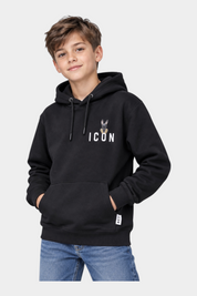 Ragazzo indossa una felpa con cappuccio nera Follower SRL con logo ICON e grafica di coniglio sul petto