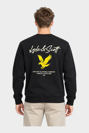 Felpa girocollo nera Follower SRL con logo Lyle & Scott giallo stampato sul retro e dettagli in cotone