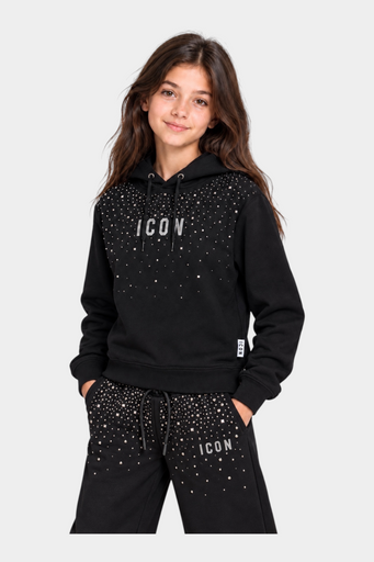 Bambina indossa felpa nera Follower SRL con cappuccio e scritta ICON decorata da strass luminosi