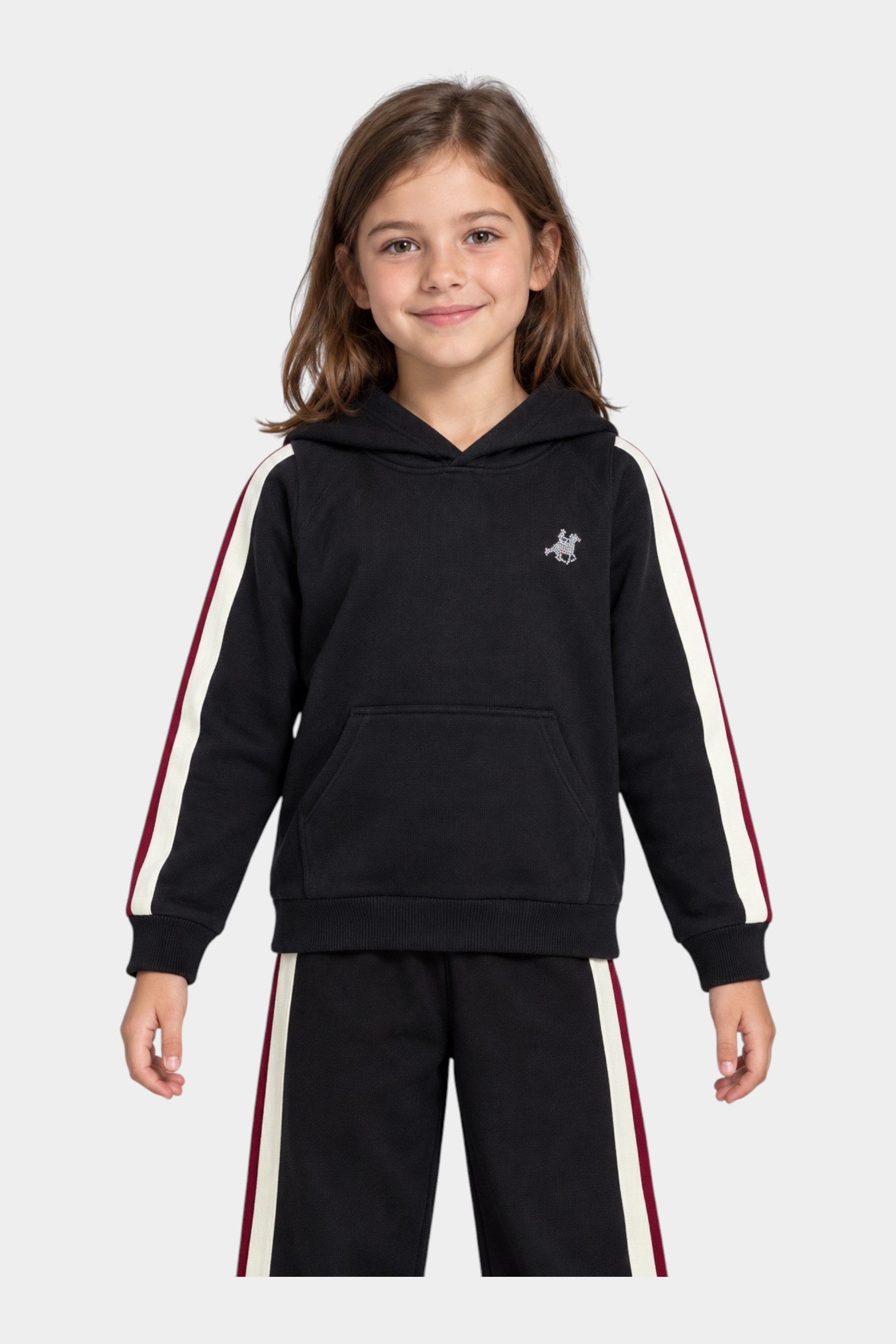 Bambina indossa felpa con cappuccio nera Follower SRL con strass, bande laterali bianche e bordeaux