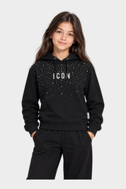 Bambina indossa una felpa nera con cappuccio Follower SRL decorata con strass e scritta ICON sul petto