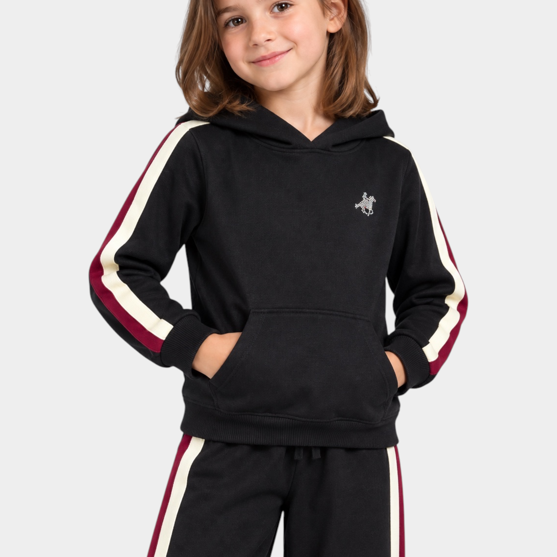 Bambina indossa felpa con cappuccio nera Follower SRL con strass, bande laterali bordeaux e bianche