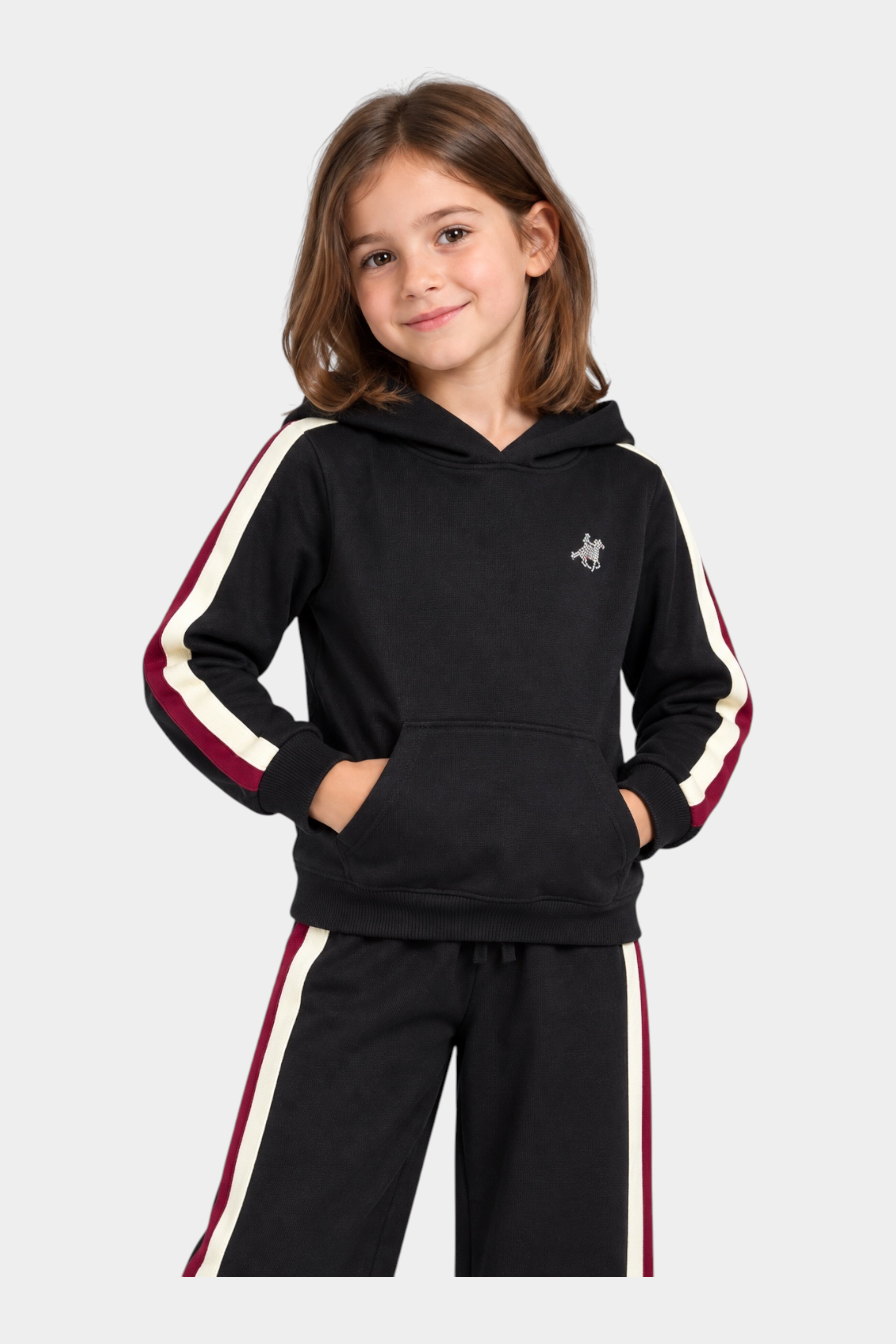 Bambina indossa felpa con cappuccio nera Follower SRL con strass, bande laterali bordeaux e bianche