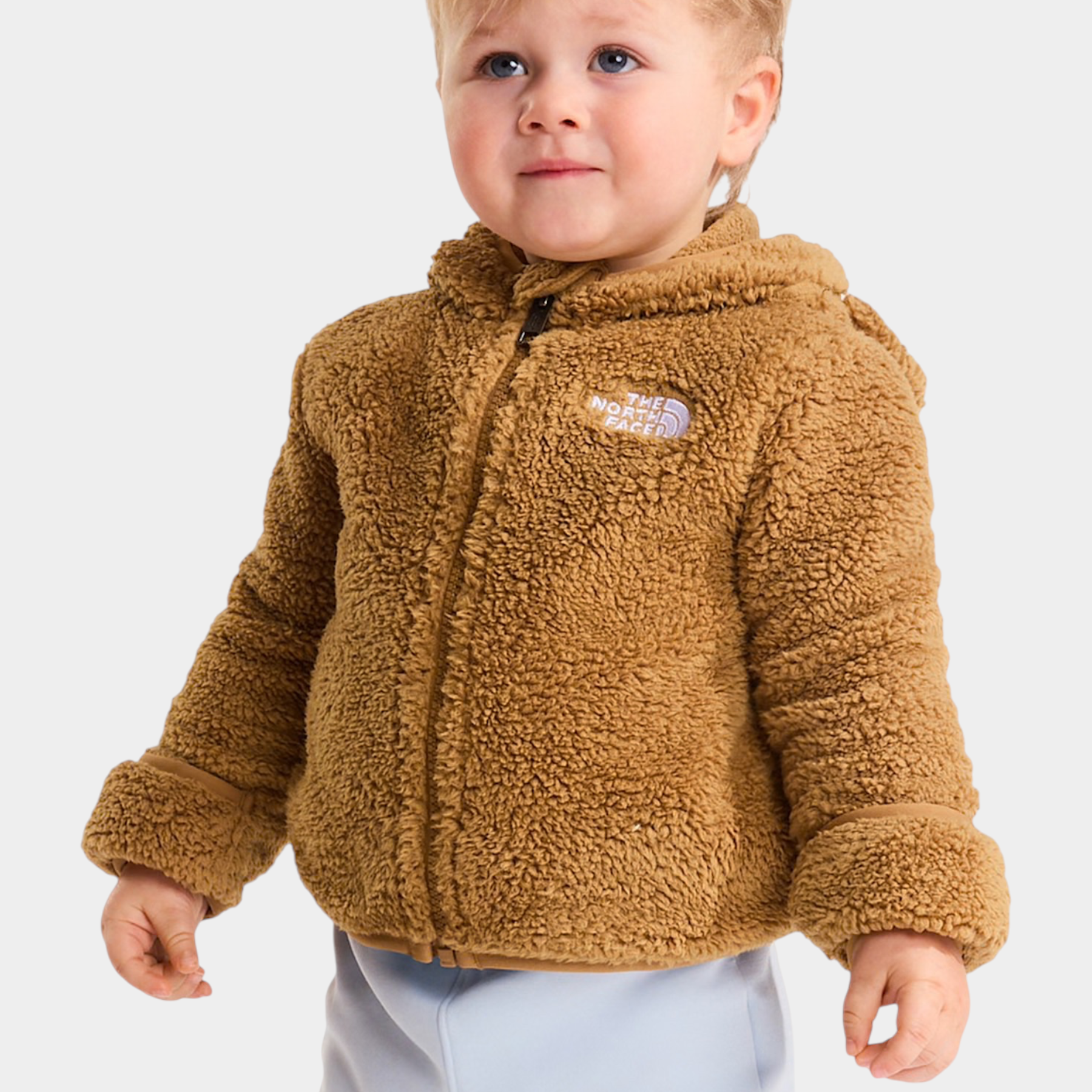 Bambino che indossa una felpa con cappuccio in pile marrone Follower SRL The North Face con chiusura a zip