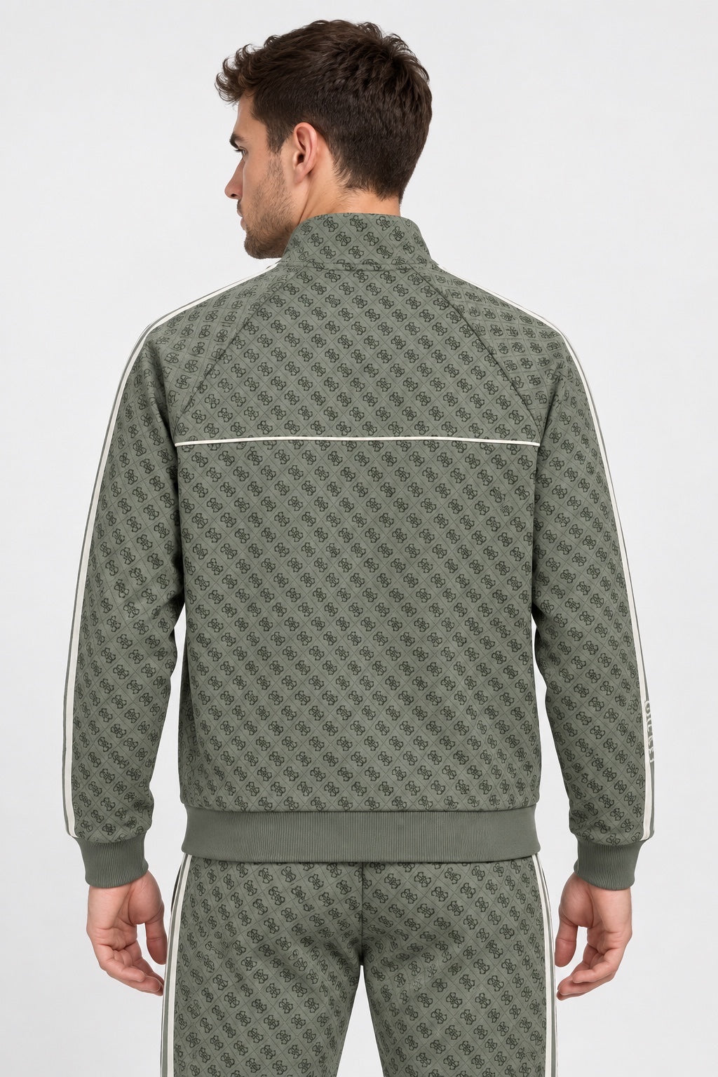 Felpa full zip Follower SRL da uomo verde con stampa logo iconico all-over e bande laterali bianche