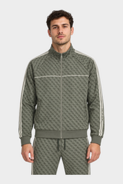 Felpa full zip Follower SRL verde con stampa logo iconico all-over e bande laterali a contrasto indossata da un uomo