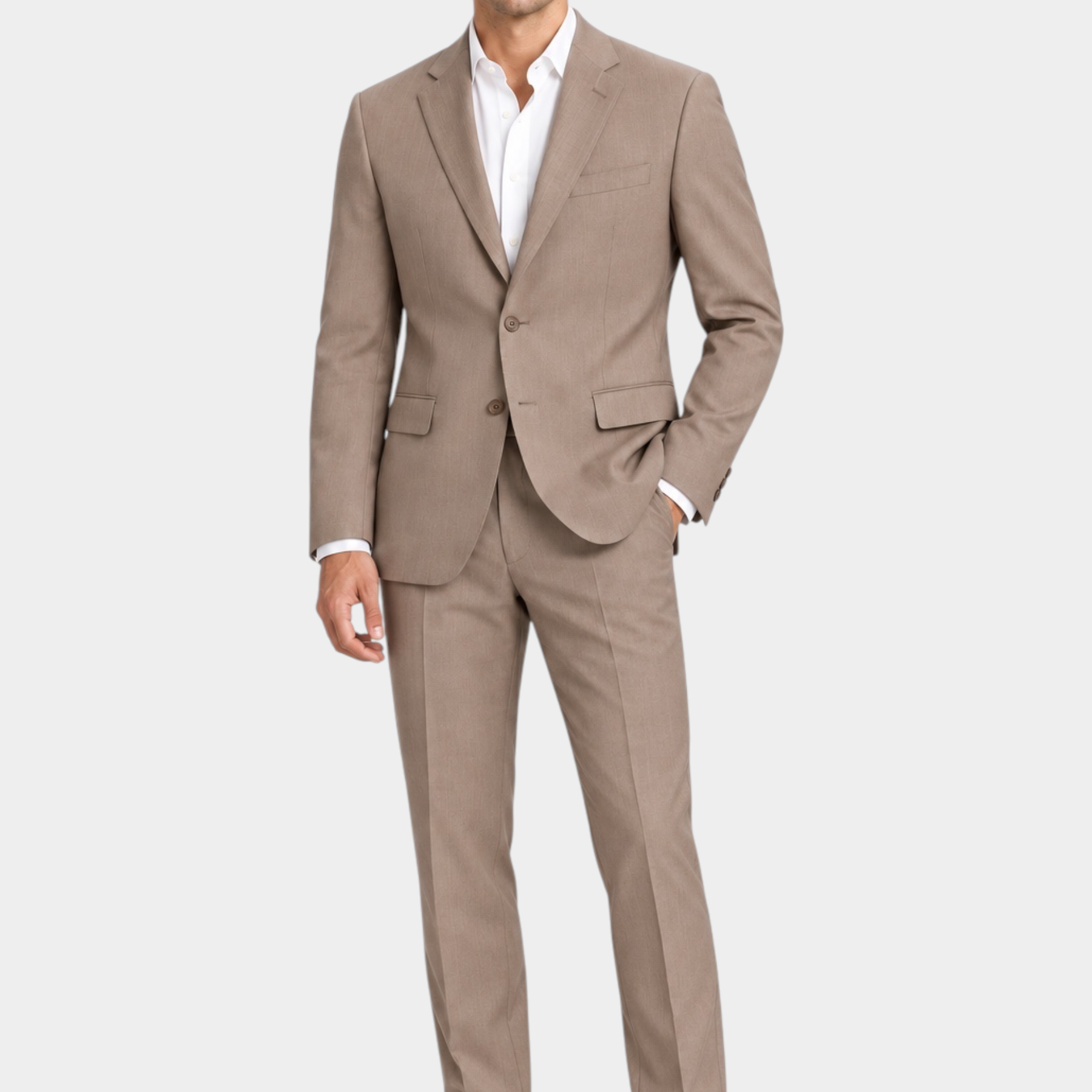 Modello indossa un completo Follower SRL GUESS beige monopetto con camicia bianca e mocassini marroni