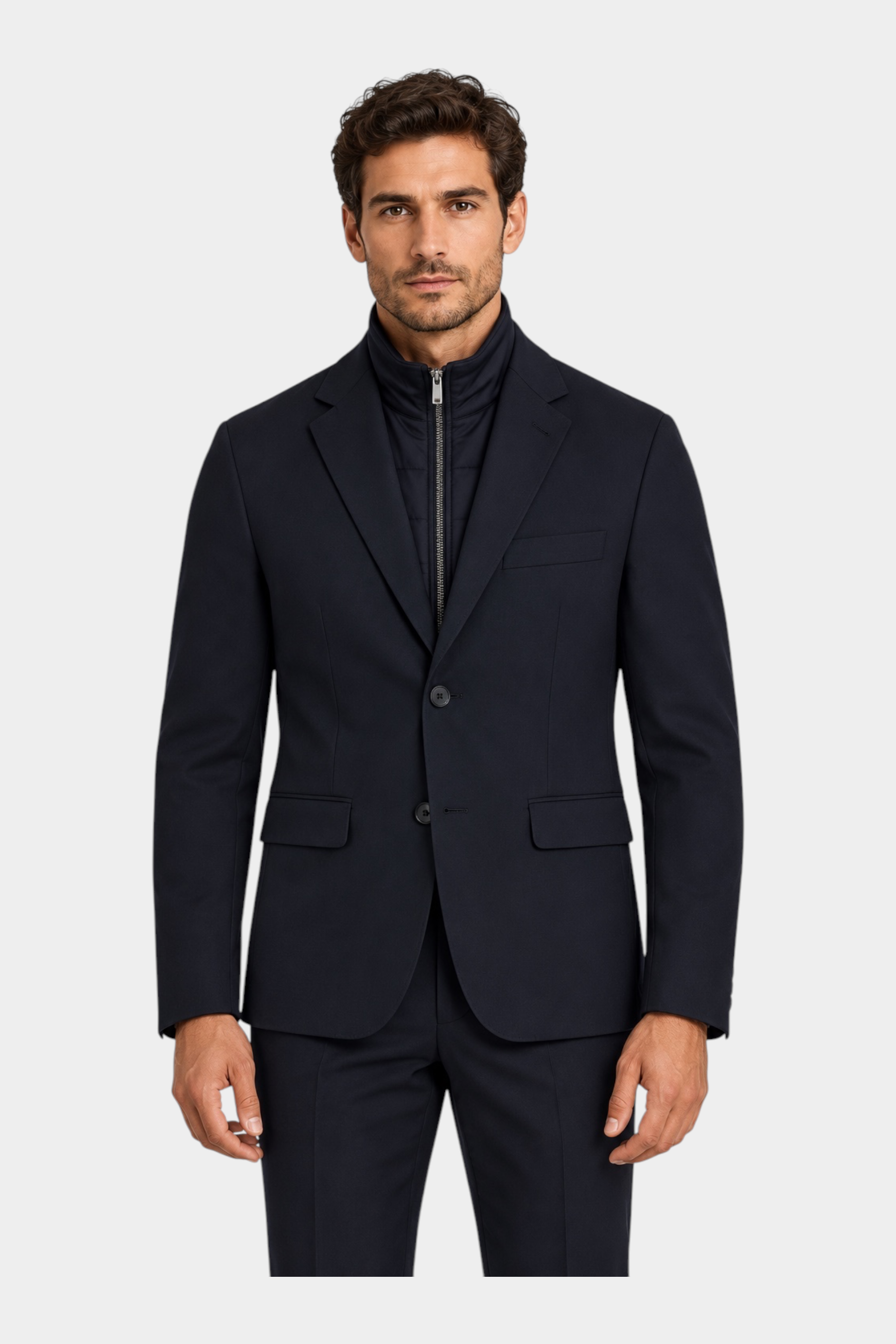 Giacca blu GUESS con zip interna e chiusura a bottoni indossata da un modello, proposta da Follower SRL