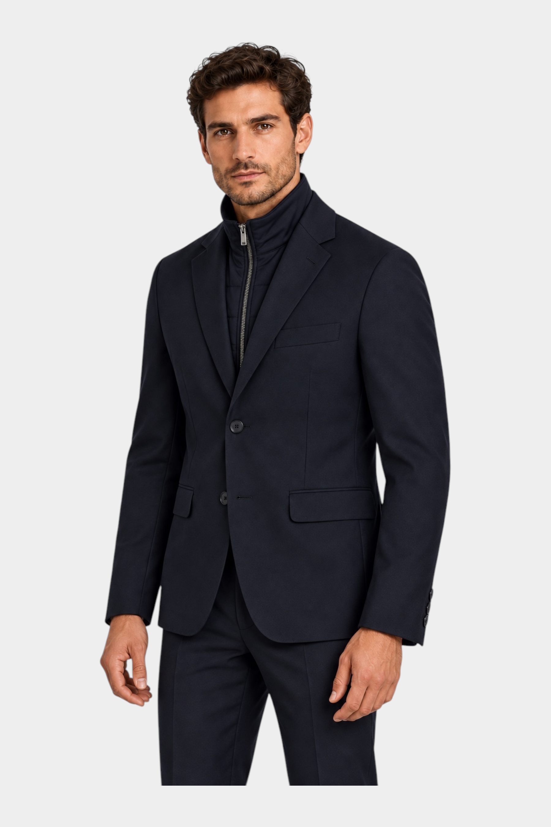 Giacca blu GUESS con inserto a zip interno indossata da un modello, proposta da Follower SRL
