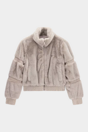 Giacca bomber Follower SRL in ecopelliccia grigia con colletto alto, maniche lunghe e chiusura a cerniera