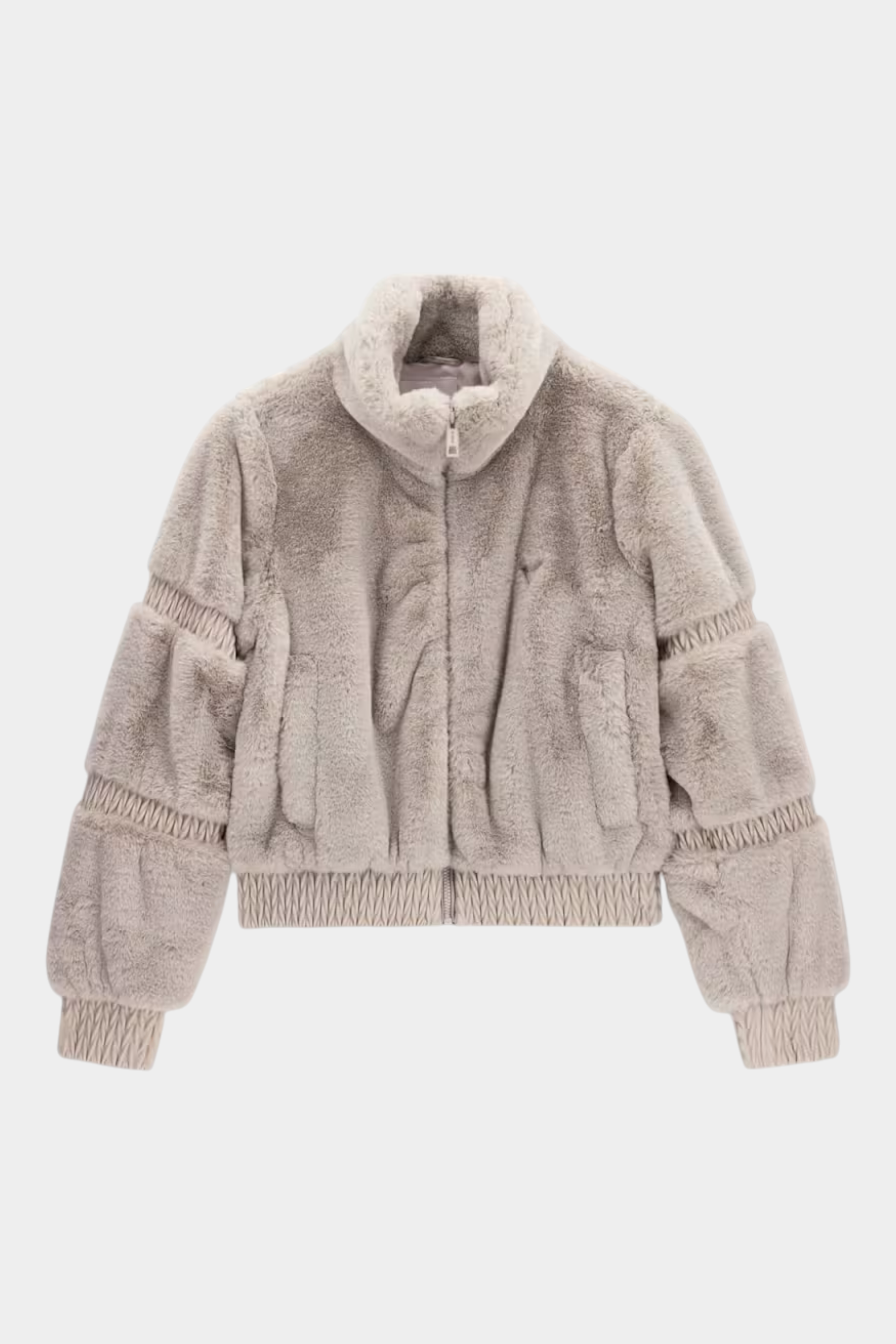 Giacca bomber Follower SRL in ecopelliccia grigia con colletto alto, maniche lunghe e chiusura a cerniera