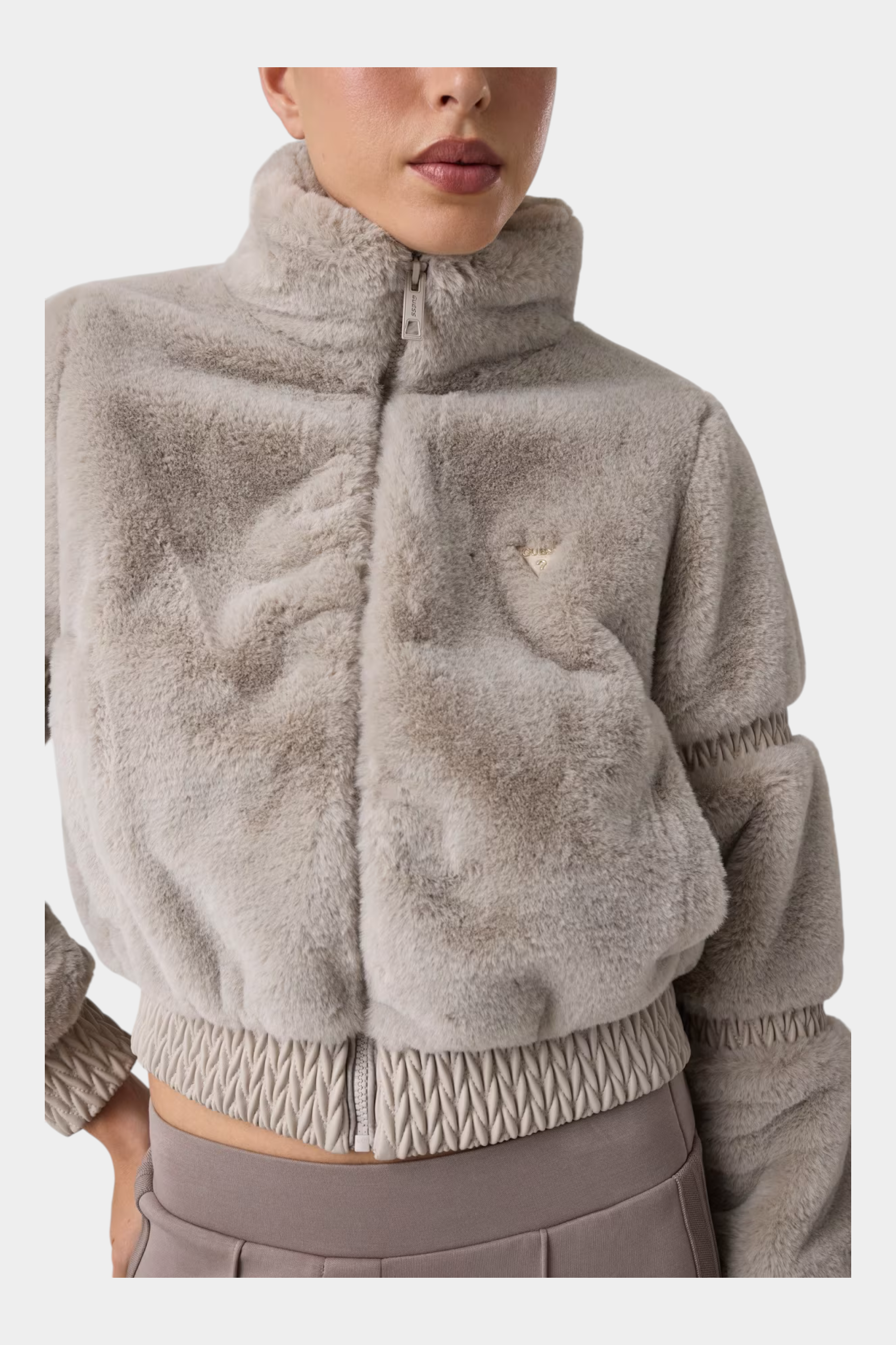 Giacca bomber in ecopelliccia grigia Follower SRL con colletto alto, chiusura a zip e dettaglio logo sul petto