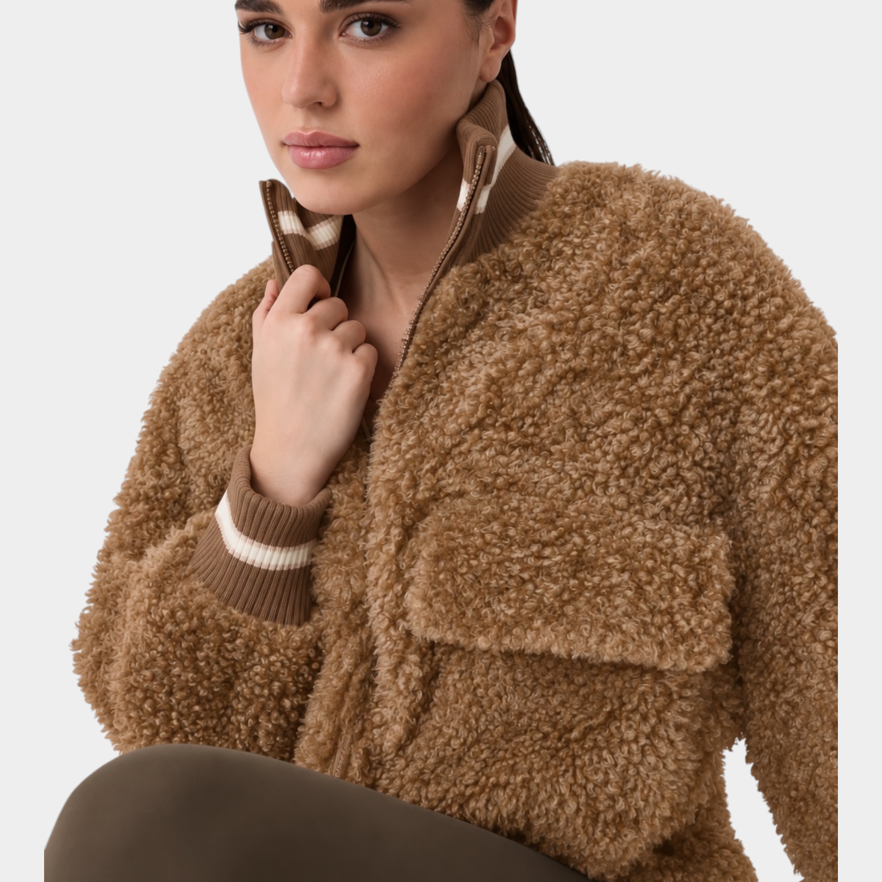 Giacca bomber Follower SRL in finta pelliccia di montone marrone con colletto a righe e chiusura a zip