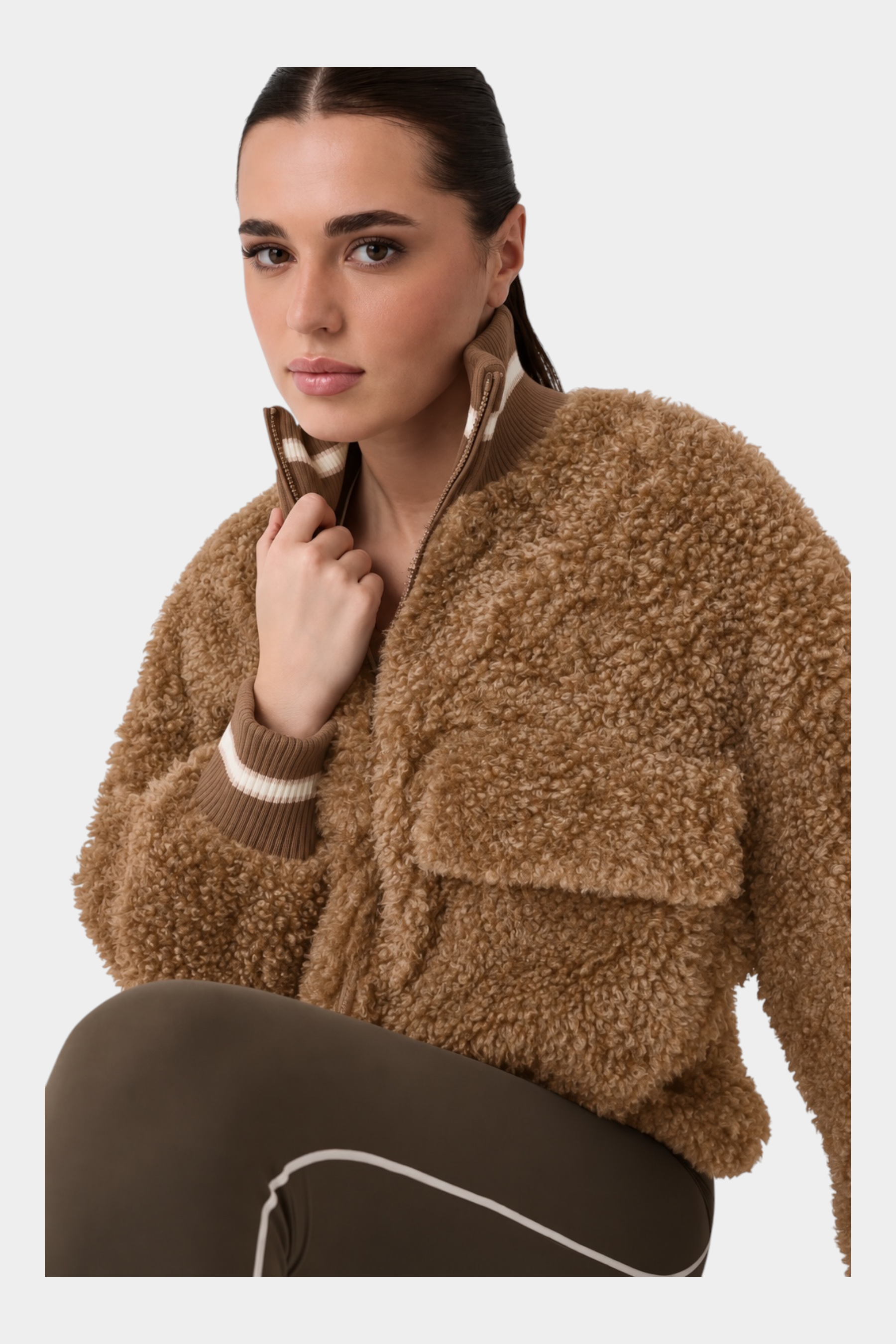 Giacca bomber Follower SRL in finta pelliccia di montone marrone con colletto a righe e chiusura a zip