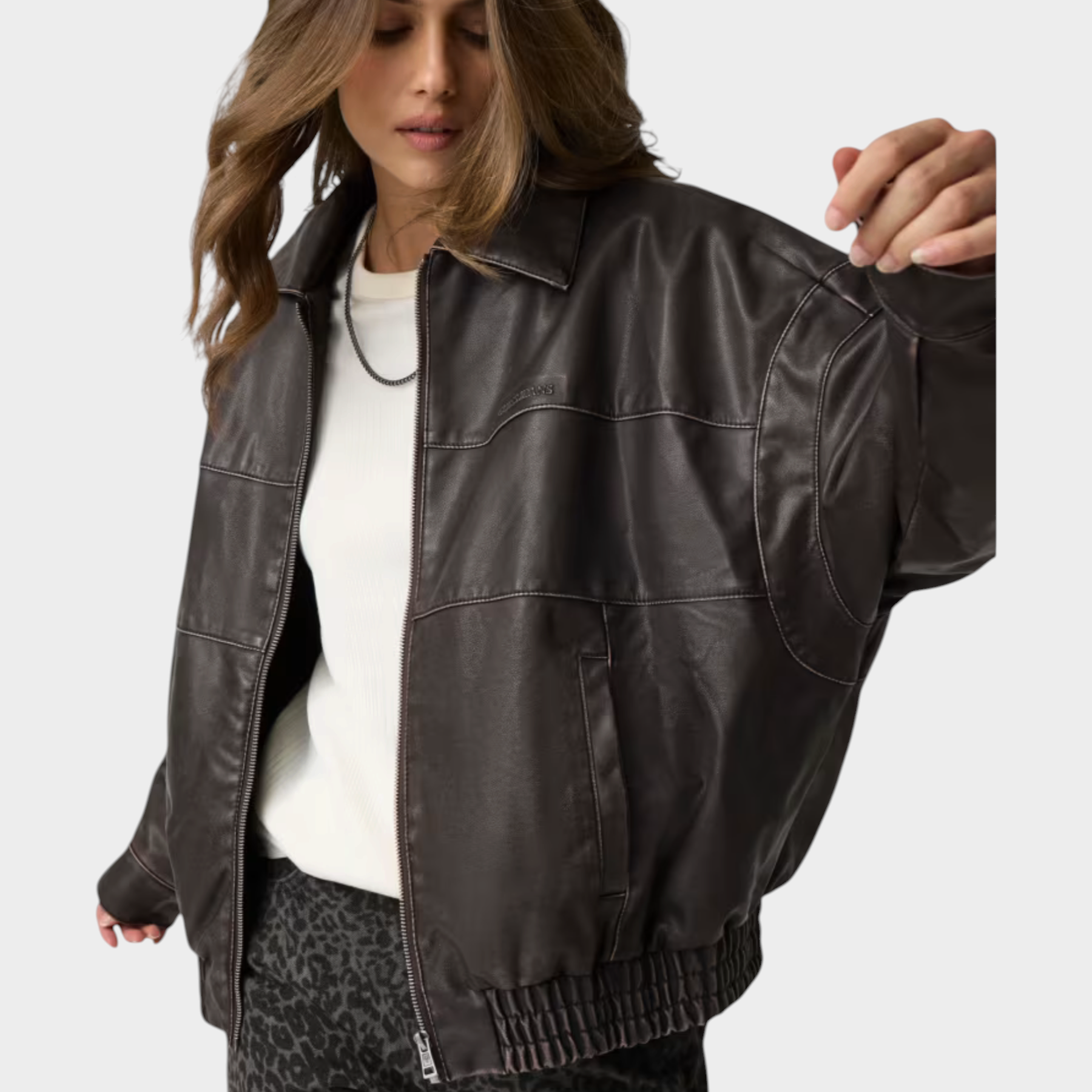 Giacca bomber Follower SRL in similpelle marrone con cuciture a contrasto e chiusura a zip per donna