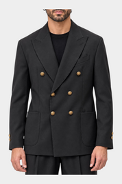 Giacca doppiopetto nera Follower SRL in misto poliestere con bottoni dorati, stile sartoriale Made in Italy