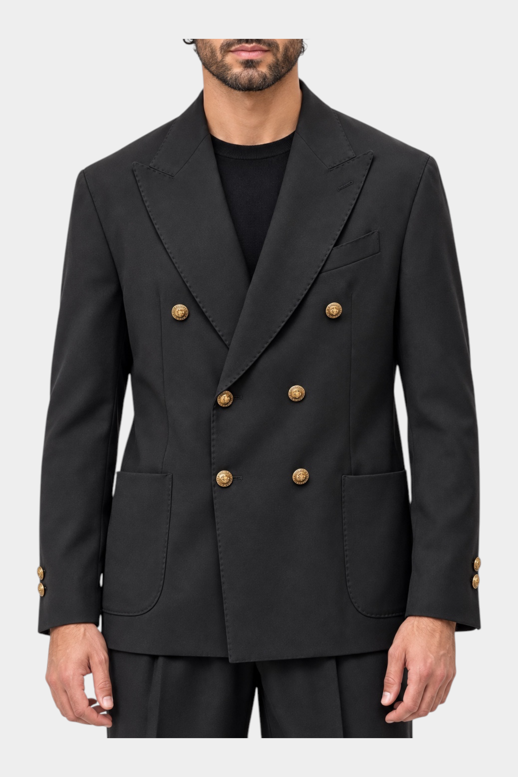 Giacca doppiopetto nera Follower SRL in misto poliestere con bottoni dorati, stile sartoriale Made in Italy