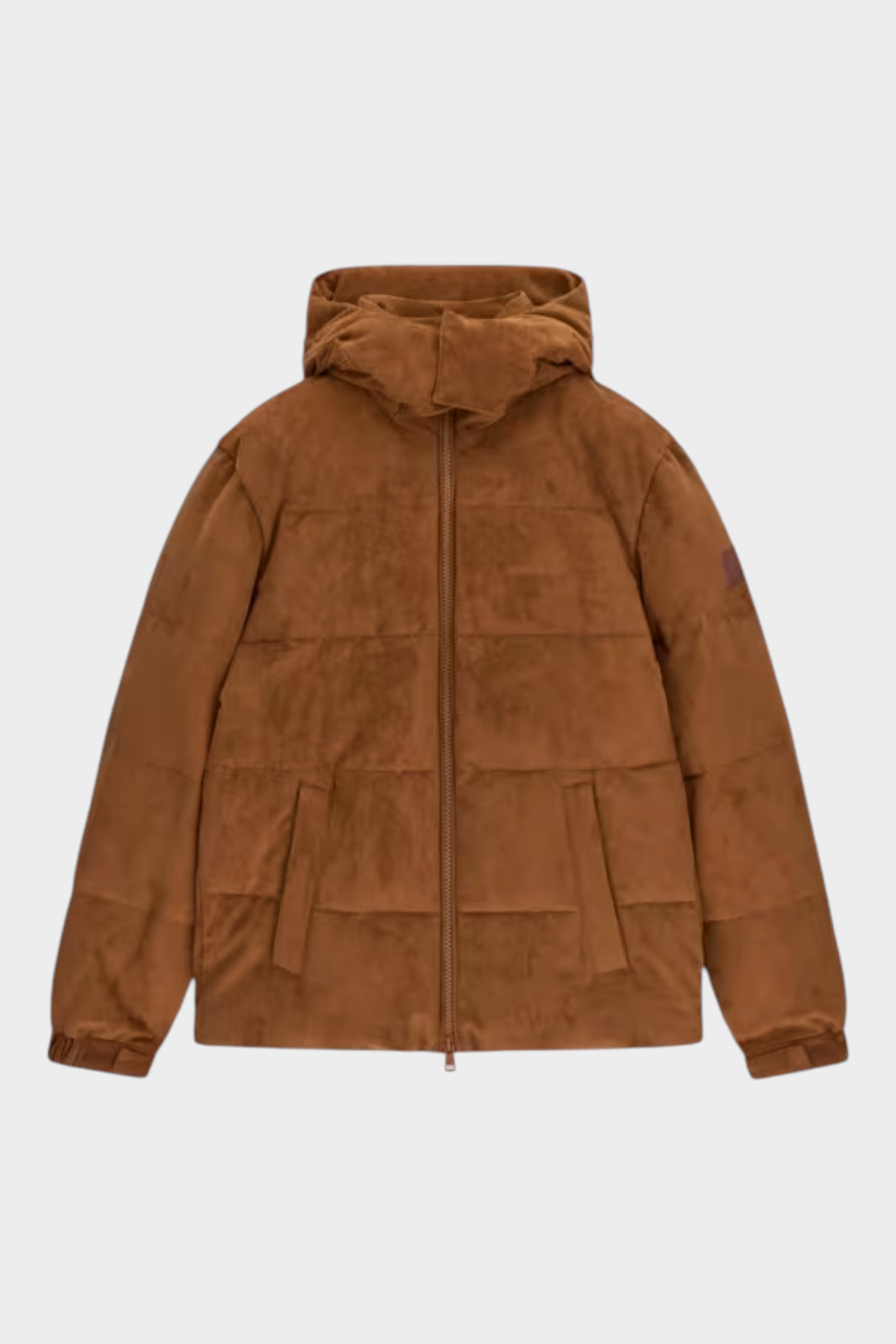 Giacca imbottita Follower SRL in pelle scamosciata marrone da uomo con cappuccio e chiusura a zip