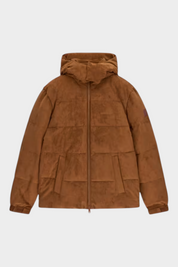 Giacca imbottita Follower SRL in pelle scamosciata marrone da uomo con cappuccio e chiusura a zip