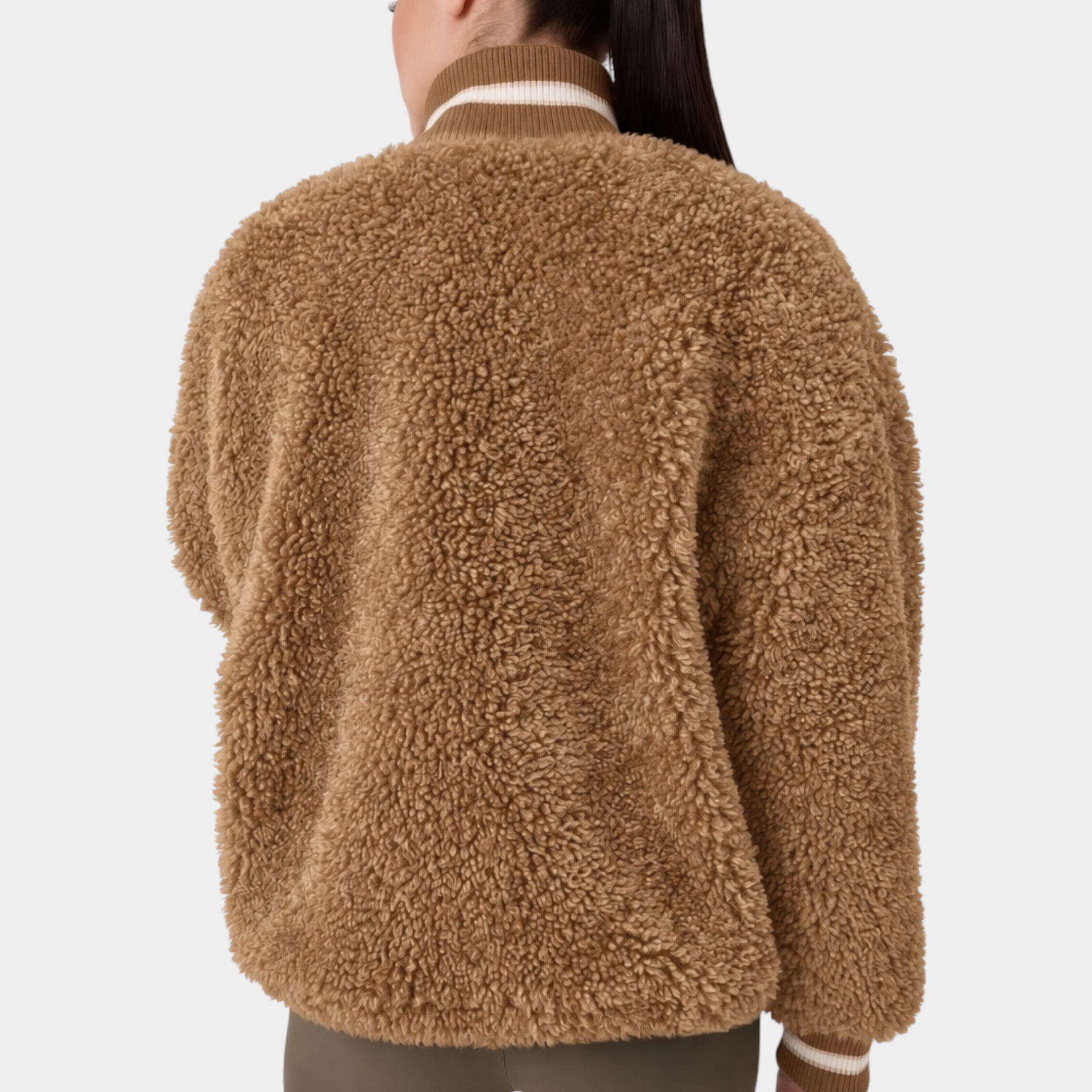 Giacca bomber Follower SRL in finta pelliccia di montone marrone con colletto a righe, vista posteriore