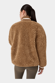 Giacca bomber Follower SRL in finta pelliccia di montone marrone con colletto a righe, vista posteriore