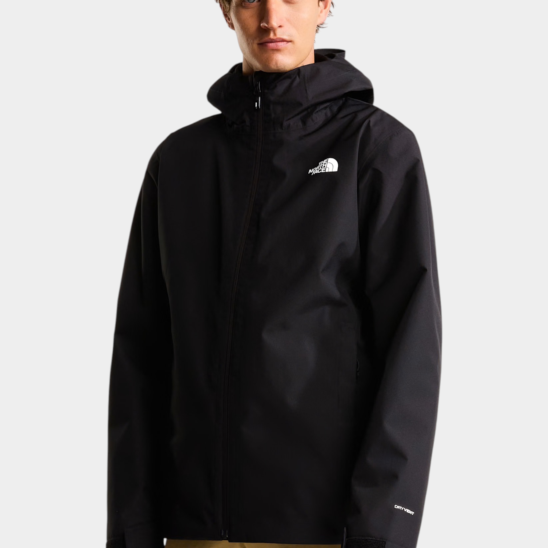 Modello indossa giacca tecnica nera Follower SRL The North Face Quest DryVent 3-in-1 con cappuccio e zip frontale