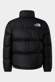Vista posteriore della giacca imbottita nera 1996 Retro Nuptse Follower SRL con logo bianco ricamato