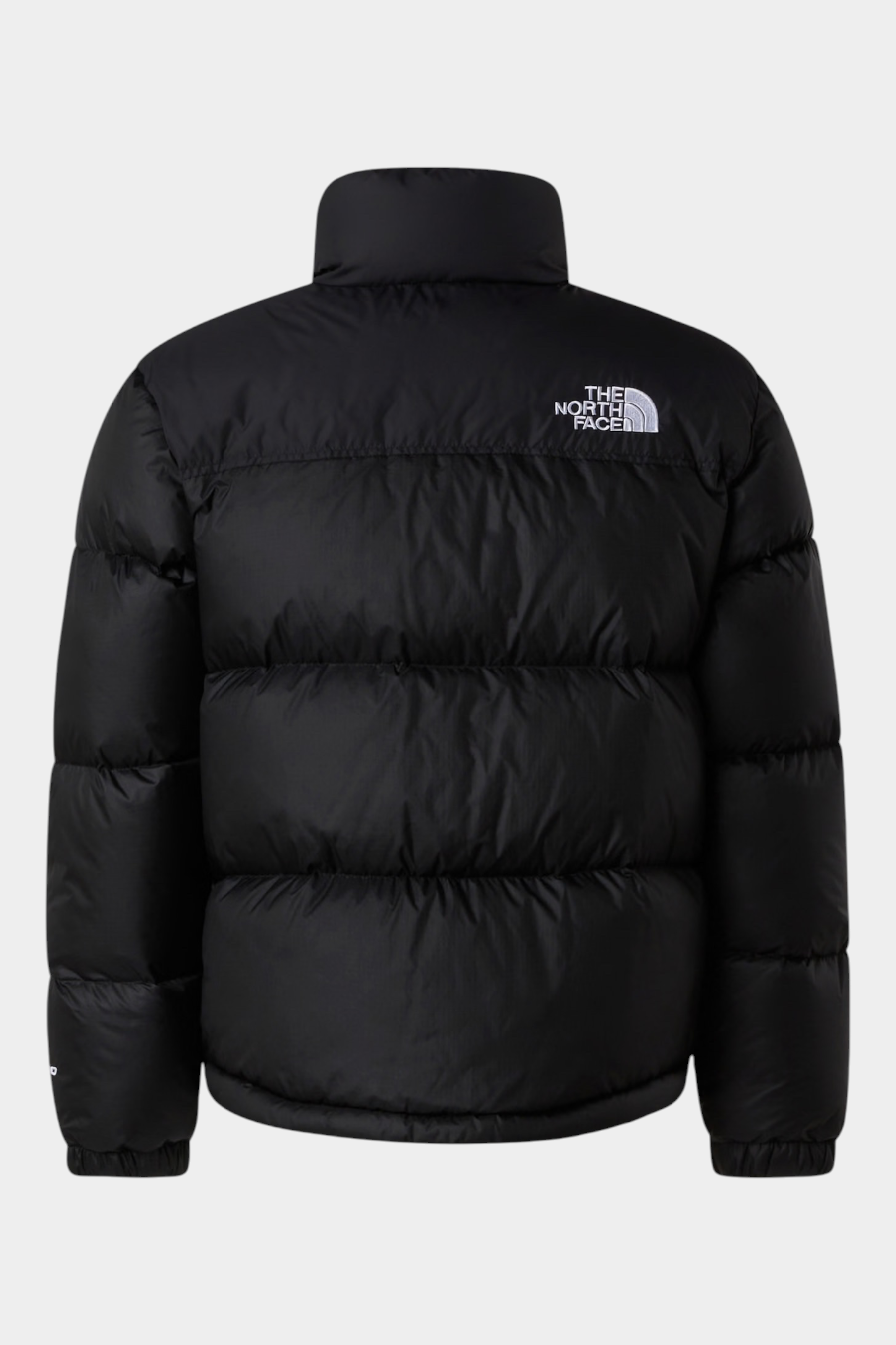 Vista posteriore della giacca imbottita nera 1996 Retro Nuptse Follower SRL con logo bianco ricamato