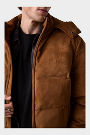 Giacca imbottita Follower SRL in pelle scamosciata marrone con cappuccio e logo GUESS Jeans sul petto