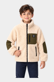 Bambino indossa giacca in pile avorio Follower SRL con inserti verde oliva, zip nera e tasca sul petto