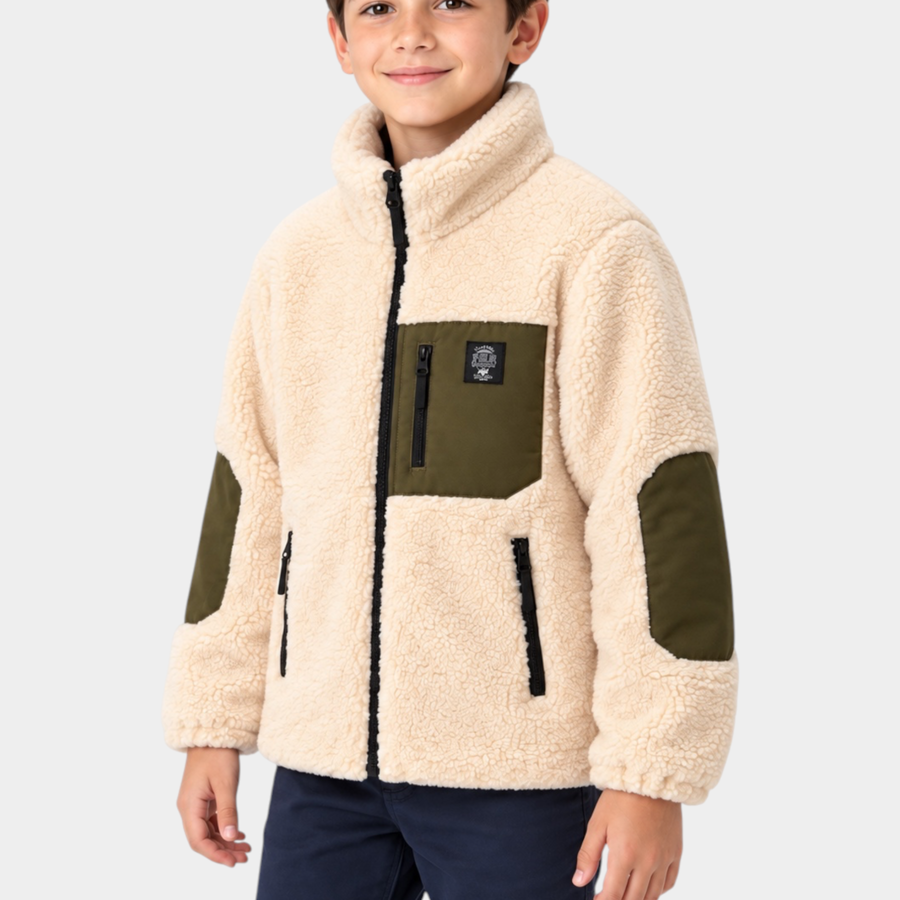Giacca in pile Follower SRL color avorio per bambino con inserti verdi e chiusura a zip