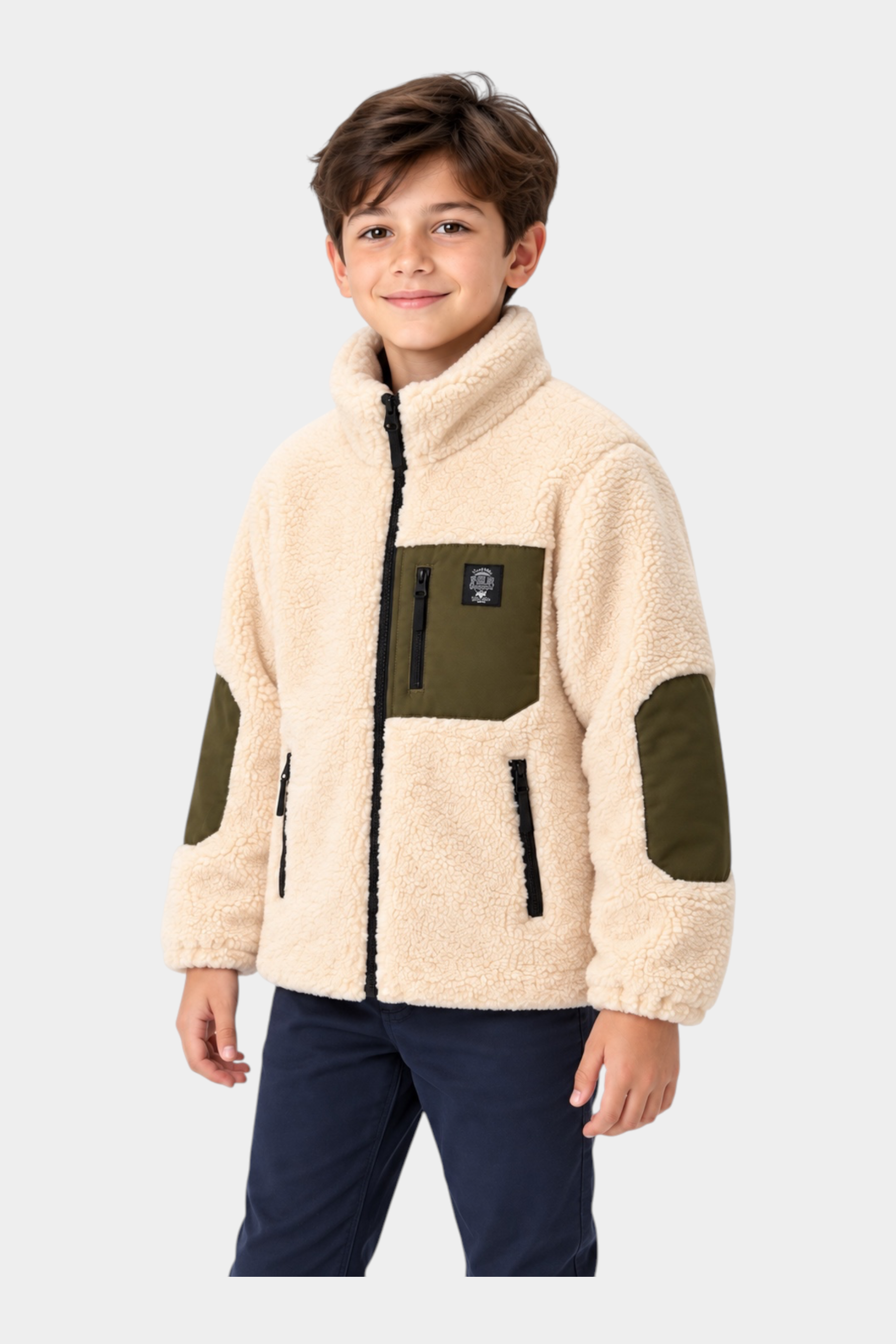 Giacca in pile Follower SRL color avorio per bambino con inserti verdi e chiusura a zip
