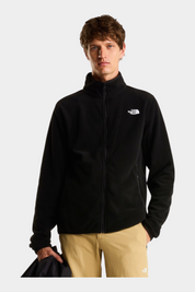 Modello indossa giacca in pile nera Follower SRL con zip integrale e logo The North Face bianco sul petto