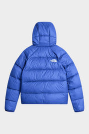 Vista posteriore della giacca in piumino blu Hydrenalite con cappuccio di Follower SRL e logo The North Face