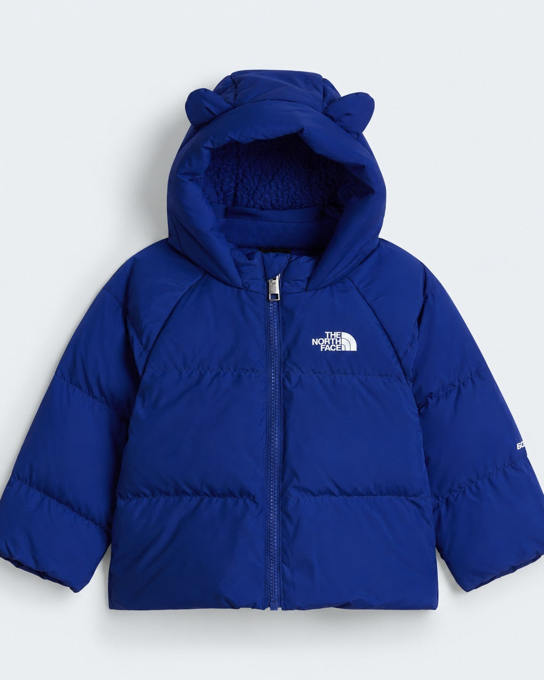 Giacca in piumino blu Follower SRL con cappuccio e orecchie, fodera interna in pile e logo The North Face
