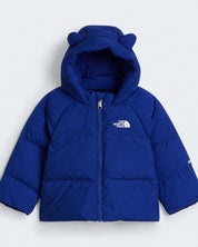 Giacca in piumino blu Follower SRL con cappuccio e orecchie, fodera interna in pile e logo The North Face