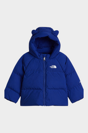 Giacca in piumino blu Follower SRL con cappuccio e orecchie, fodera interna in pile e logo The North Face