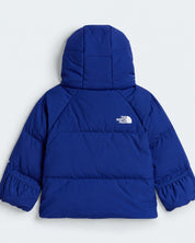 Giacca in piumino blu unisex Follower SRL con cappuccio e logo The North Face sul retro