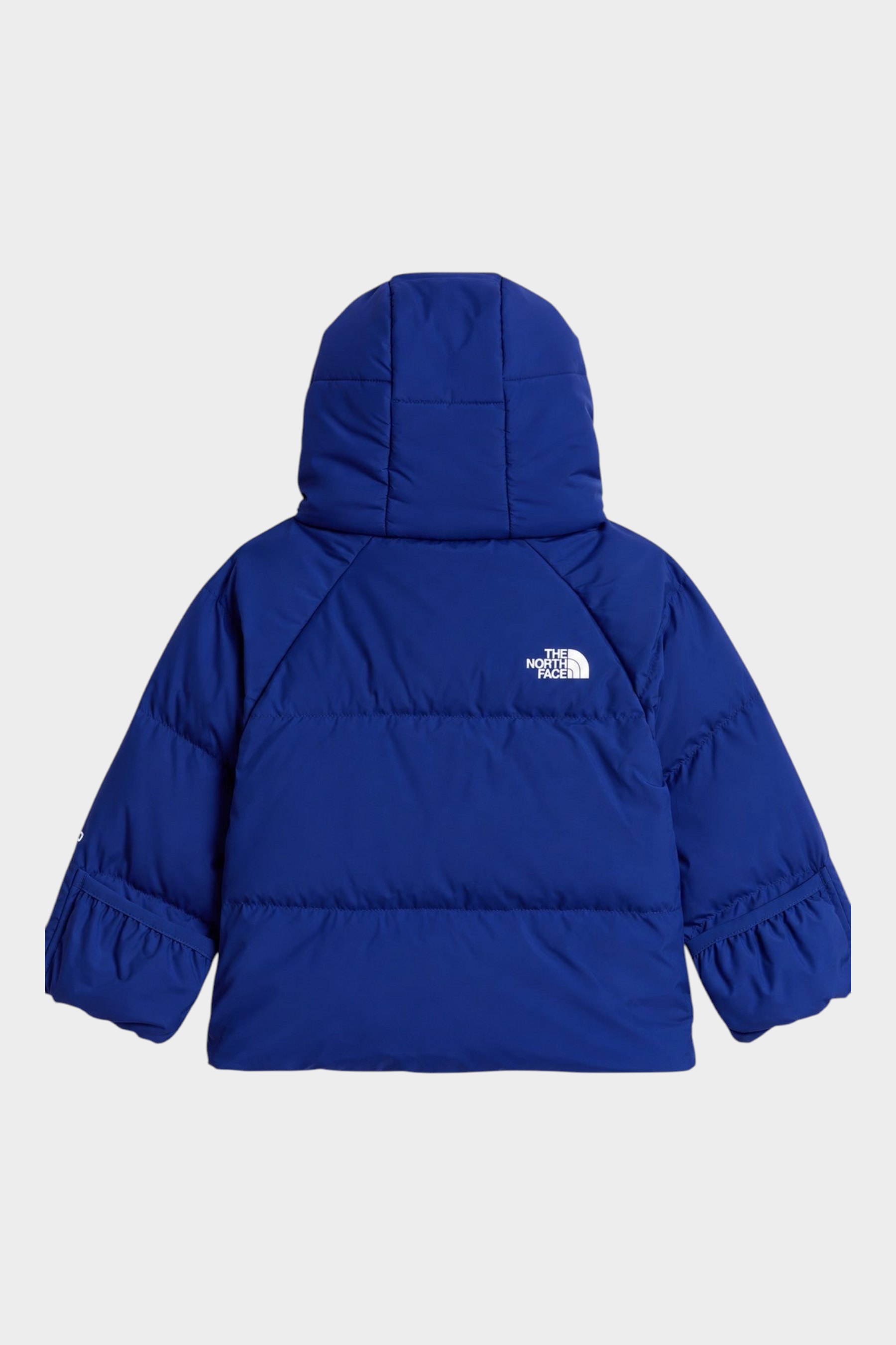 Giacca in piumino blu unisex Follower SRL con cappuccio e logo The North Face sul retro