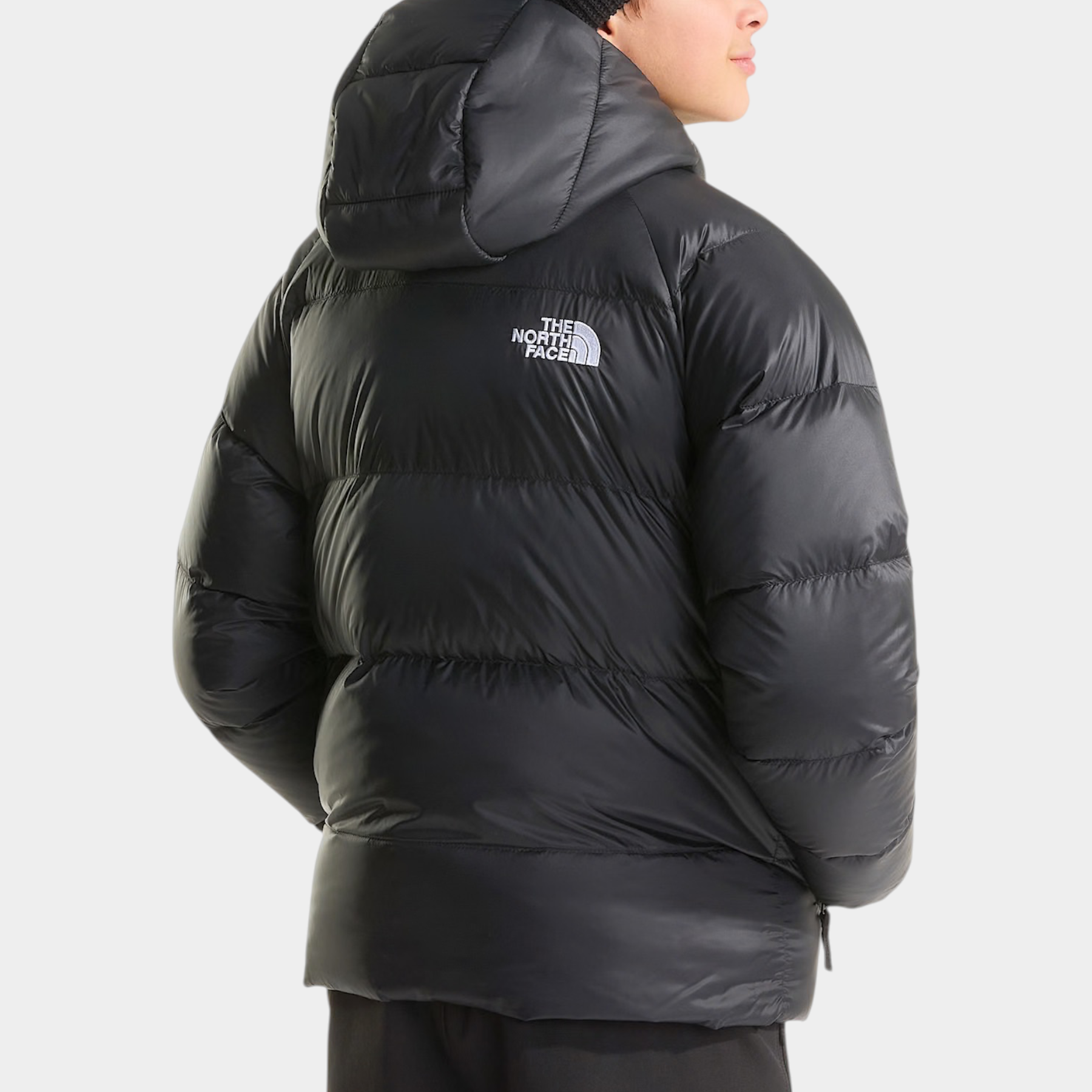 Ragazzo indossa giacca in piumino nera con cappuccio Follower SRL THE NORTH FACE, vista posteriore
