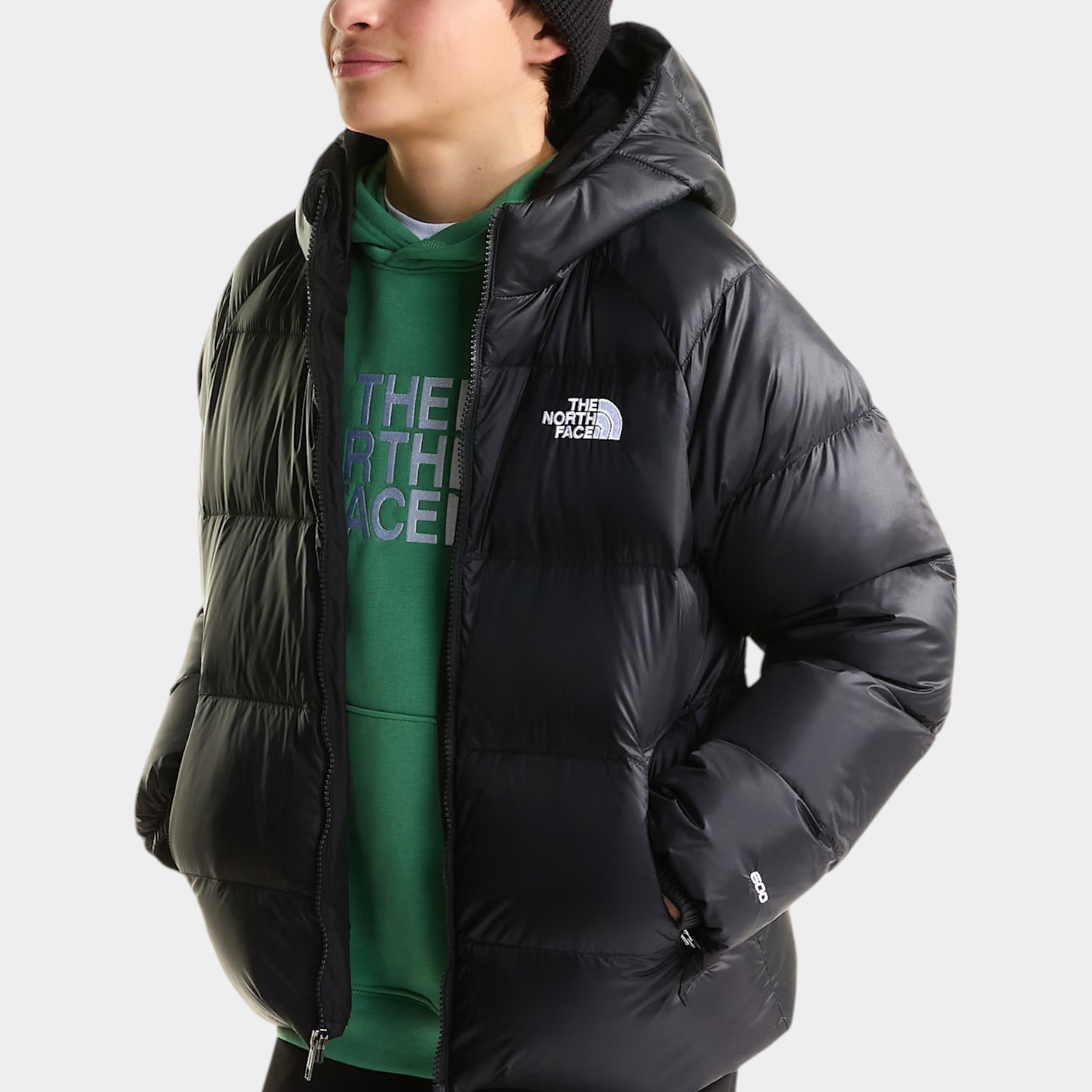 Ragazzo indossa giacca in piumino nera con cappuccio Follower SRL THE NORTH FACE, vista di profilo
