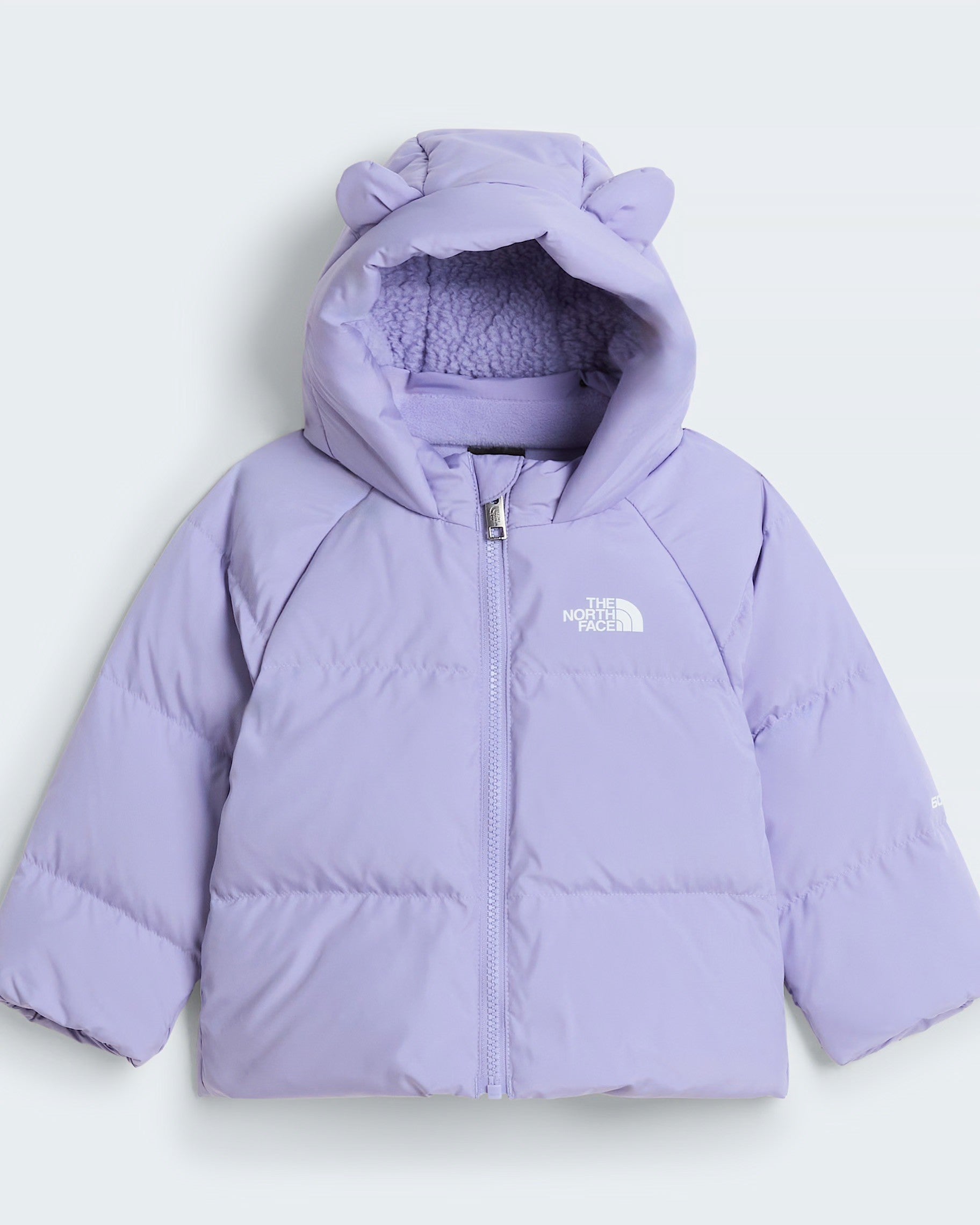 Giacca in piumino Follower SRL The North Face viola con cappuccio foderato in pile e dettagli a forma di orecchie