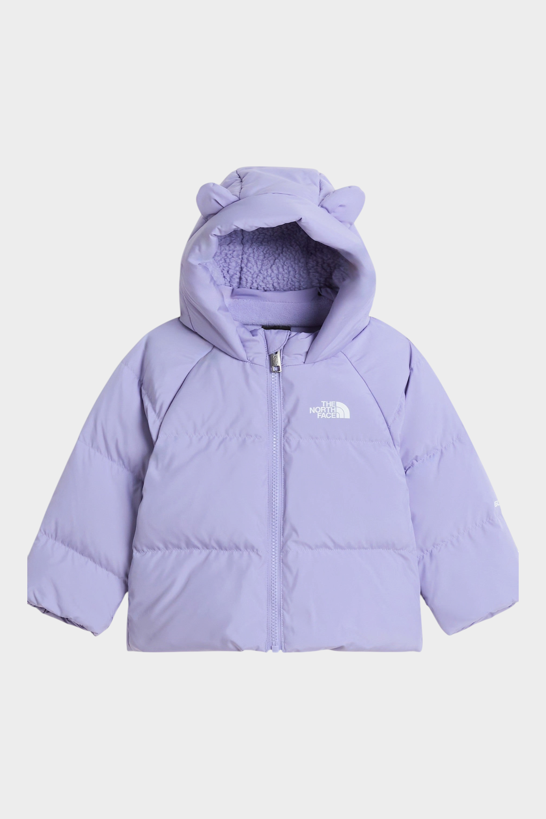 Giacca in piumino Follower SRL The North Face viola con cappuccio foderato in pile e dettagli a forma di orecchie