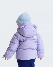 Bambino con giacca in piumino viola Follower SRL con cappuccio e logo The North Face, vista posteriore