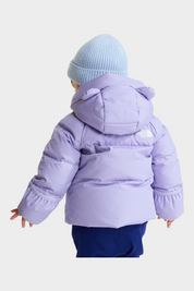 Bambino con giacca in piumino viola Follower SRL con cappuccio e logo The North Face, vista posteriore