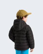 Bambino indossa giacca reversibile imbottita nera con cappuccio di Follower SRL, vista posteriore